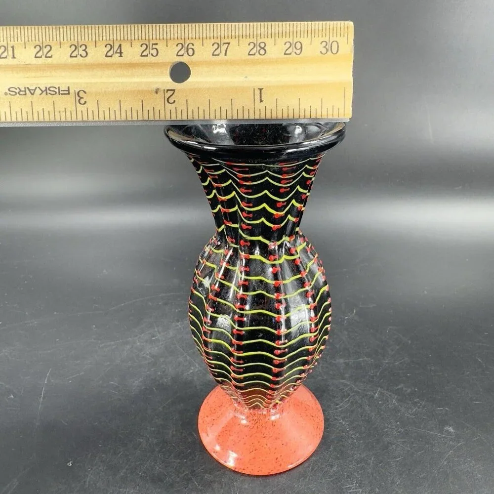 Hand Blown Studio Art Glass Vase Halloween‎ Decor Artist Signed Red Black Spider